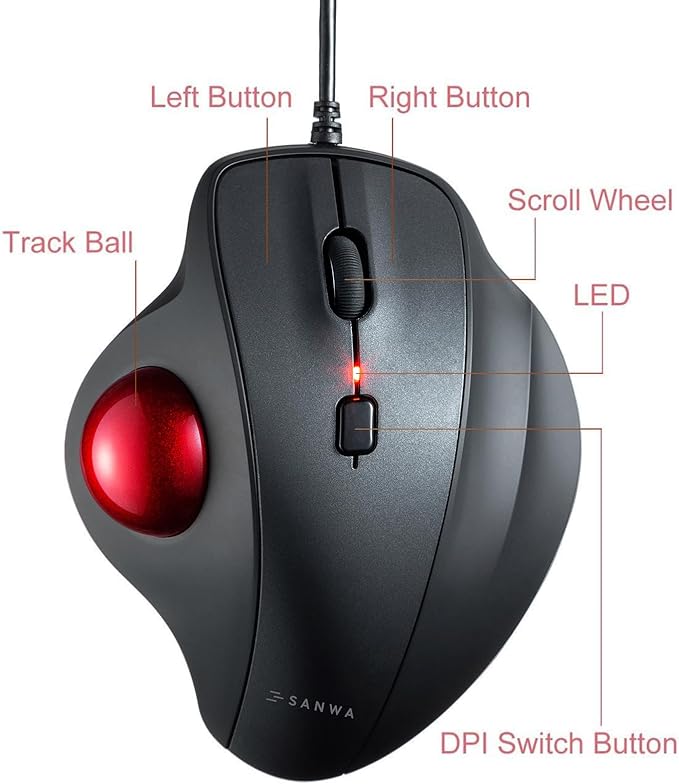 SANWA Wired Ergonomic Trackball Mouse Optical Vertical Rollerball Mice Silent Buttons 34mm Trackball 600/800/1200/1600 DPI Compatible with MacBook Laptop Computer Windows macOS Red