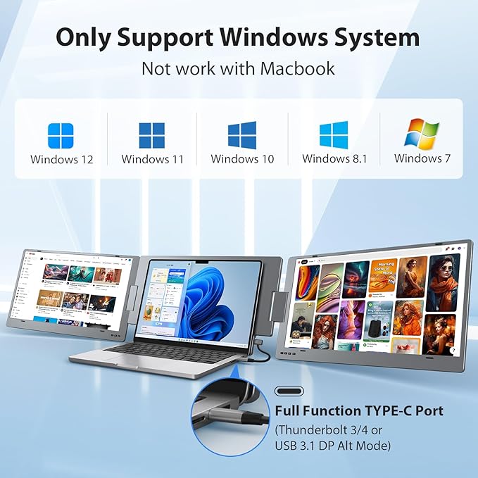 KYY Triple Laptop Screen Extender 15.6 1080P FHD IPS Dual Portable Extended Monitor USB C Travel Display for 12-17'' Laptop 210°Rotation &amp Kickstand Plug and Play (Windows Only)