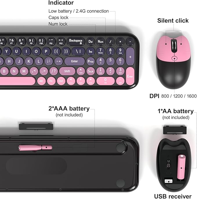 Wireless Keyboard and Mouse Combo MOWUX Compact Typewriter Retro Round Computer Keyboard Cute Optical Mouse Wireless Plug and Play for Laptop PC Computer- Plum Pink Gradient