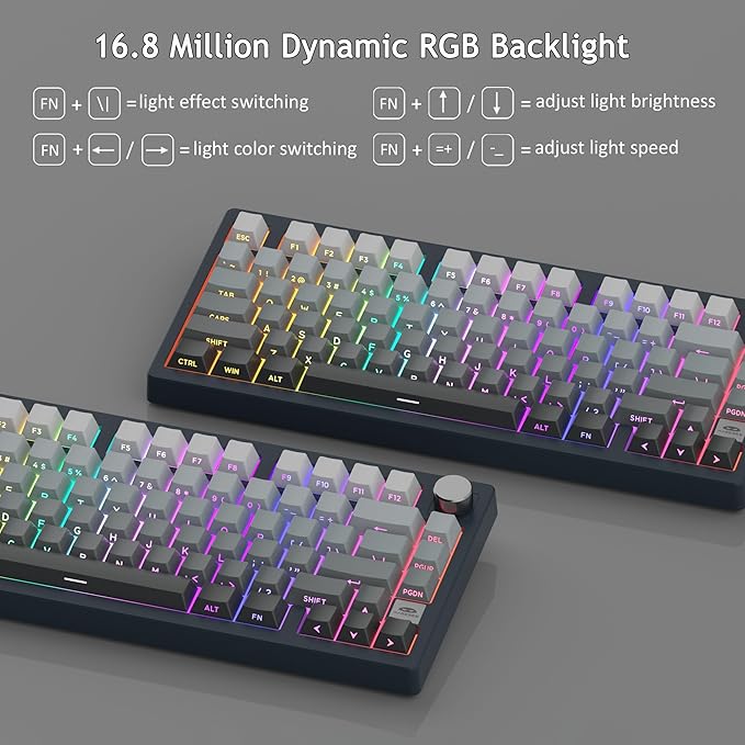 MageGee LIGHT75 Wireless Creamy Keyboard Tri-Mode Bluetooth/2.4GHz/USB-C RGB Backlit Gasket Hot Swappable Custom Gaming Keyboard for Win/Mac/PC with Knob Side Printed PBT Keycaps Black