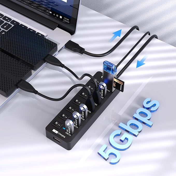 Powered USB Hub 3.0VEMONT 7 Ports Multi USB hubs and 1 USB Smart Charging Port with 5V/3A Power SupplyUSB Extension Splitter with Individual On/Off Switches and 4ft/1.2m Long Cable for PC/Laptop