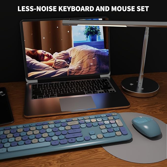 Wireless Keyboard and Mouse Combo Colorful Ergonomic Full Size Retro Low-Noise Keyboard with Cute keycaps Compatible with Windows PC Perfer for Home and Office Keyboards (Blue)