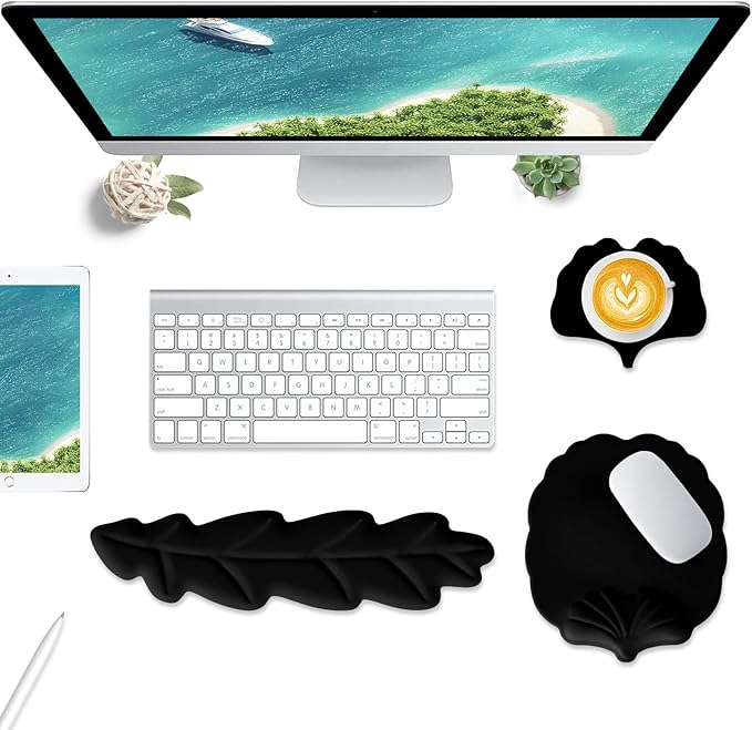 Keyboard Wrist Rest and Mouse Pad with Wrist Support Set Ergonomic Leaf Shape Mouse Pad with Non-Slip Base Pain Relief Memory Foam Mousepad for ComputerLaptopHome Office Black
