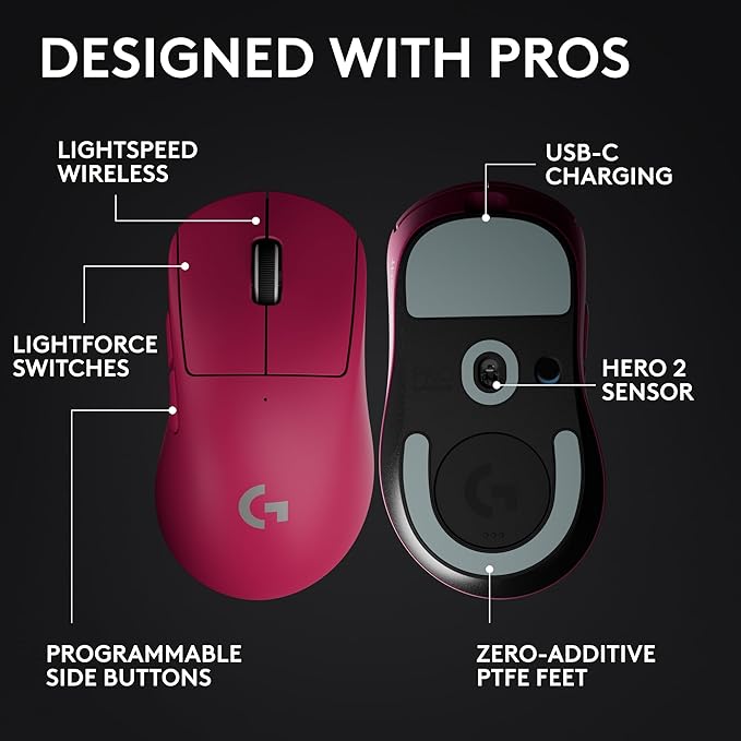 Logitech G PRO X Superlight 2 Wireless Gaming Mouse 60g Pro-Grade with 5 Programmable Buttons 44k DPI Sensor 8kHz Report Rate USB-C Charging for PC/Mac - Magenta