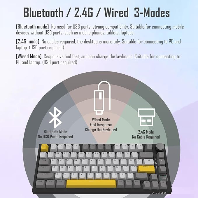 AJAZZ AK820 Pro 75% Gasket RGB Wireless Mechanical Keyboard with TFT Screen Volume knob Bluetooth/2.4G/Wired 3-Modes Compact 82 Hot-Swap Keys Tricolor PBT Keycap 4000 mAh (Gray&ampYellow 3-Modes
