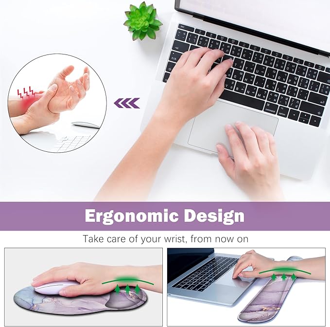 ARTSO Large Mouse Pad Ergonomic Keyboard Wrist Rest Support Set Memory Foam Gel Wrist Pad Extended Desk Mat Protector Non-Slip Desk Blotter Purple Blue Marble