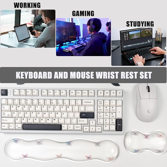 Gel Keyboard and Mouse Wrist Rest Set – Clear Wrist Rest for Computer Keyboard 60%/68%/75% Comfort &amp Support for Typing and Gaming (Cute Butterfly)