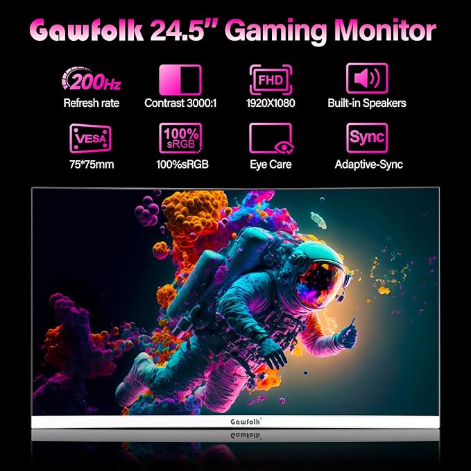 Gawfolk Gaming Monitor 24.5 Inch 200Hz Built-in Speakers 180hz PC Monitor FHD 1080P Frameless Computer Monitors VAsRGB 100% DisplayPort HDMI Eye Care Wall Mount Compatible (White)
