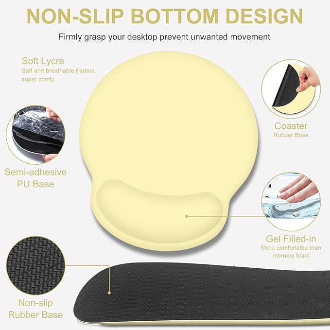 4 PCS Mouse Pad Desk Mat Protector Keyboard Wrist Rest + Comfortable Mouse Pad with Wrist Rest +Coaster Large Gaming Mousepad for Computer Laptop 35.4 X 15.7 XXL Deskpad for Office Home I Yellow