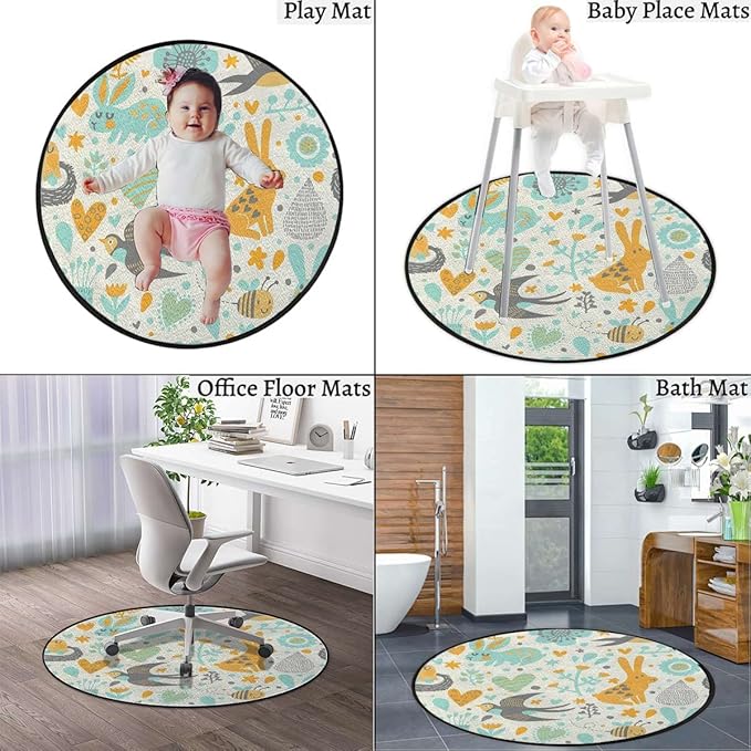 Modern Art Round Office Chair Mat Computer Gaming Chair Rolling Mats Printed Protector Mats Machine Washable Office Desk Chair Mat Natural Wildlife CompositionCream Orange Diameter 60 in