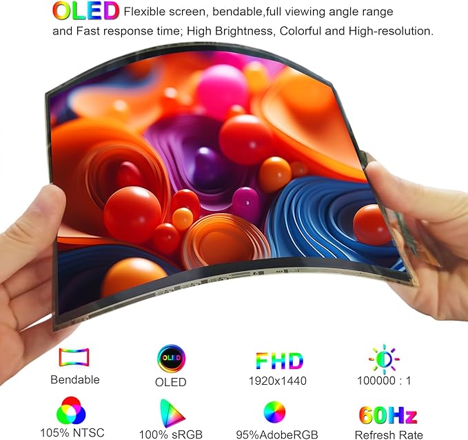 7.8 inch Flexible Display Curved Bendable Screen FHD 1920 * 1440 AMOLED Display with HDMI Driver Board OLED Monitor Without Enclosure Kit for DIY Prototype Demo Compatible with All Systems