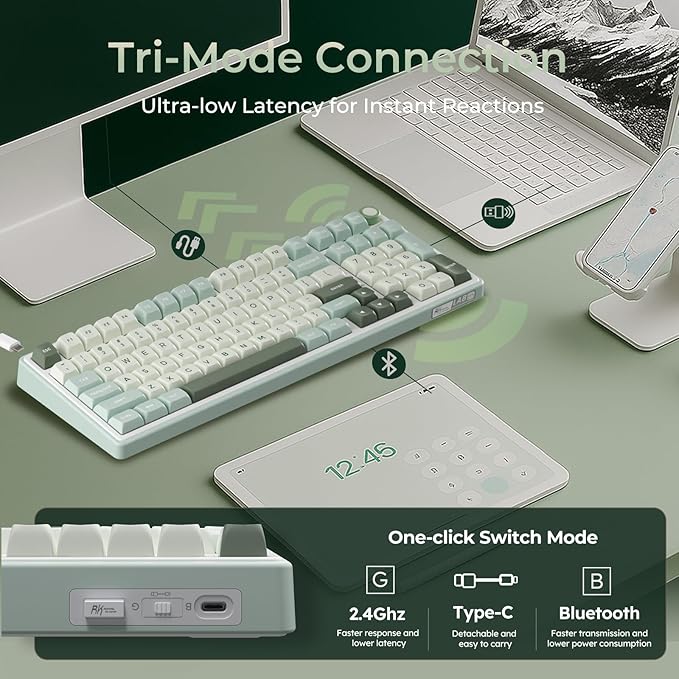 RK ROYAL KLUDGE R98 Pro Wireless Mechanical Keyboard Creamy Bluetooth/2.4GHz/Wired RGB Gaming Keyboard with Number Pad and Knob MDA Profile PBT Keycaps Gasket Hot Swappable Tactile Switch Cyan