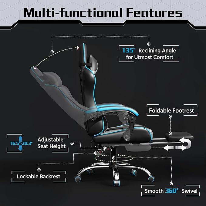 Yaheetech Gaming Chair Video Game Chair with Massage Lumbar Support and Footrest Height Adjustable Ergonomic Computer Chair with Swivel Seat and Headrest Black/Gray
