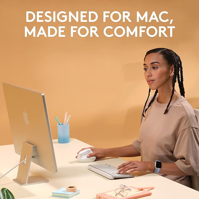 Logitech Lift for Mac Wireless Vertical Ergonomic Mouse Bluetooth Quiet Clicks Silent Smartwheel 4 Customizable Buttons for macOS/iPadOS/MacBook Pro/MacBook Air/iMac/iPad - Off White