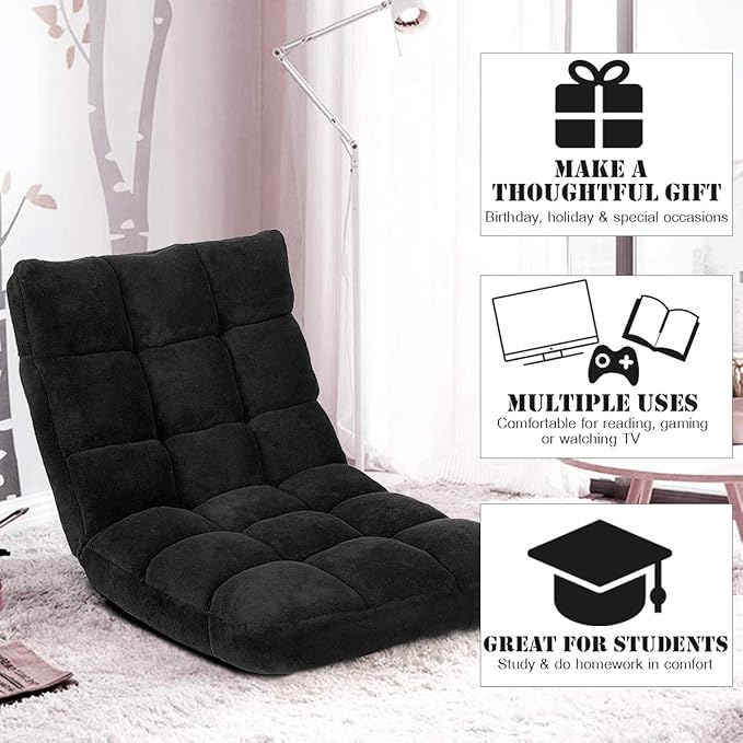 KOMFOTT 14-Position Adjustable Floor Chair With Back Support Folding Padded Gaming Sofa for Reading Meditation Living Room Lazy Lounge Video Gaming - Black
