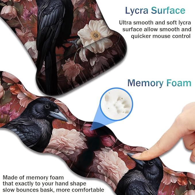 Ergonomic Keyboard Wrist Support Pad and Wrist Support Mouse Pad Anti-Slip with Gel Memory Mouse Pad Set Suitable for Office Use/Home Use - Magpie Peony Bird Flowers