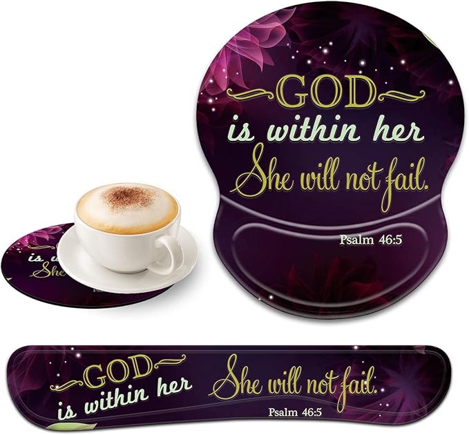 Ergonomic Gel Mouse Wrist Rest Pad and Keyboard Pad SetAnti-Slip PU Bottom Easy Typing and Relieve Wrist Pain with Cute Coaster Set (3-Quote Bible Verses Psalm 46:5)