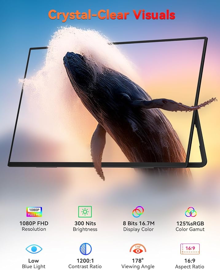 HotYeah Portable Monitor 18.5 1080P 100Hz 125% sRGB Laptop Monitor USB-C HDMI External Computer Display HDR FreeSync w/Kickstand &amp Speaker 2nd Screen for Laptop PC Mac Phone Tablet Switch PS5 X