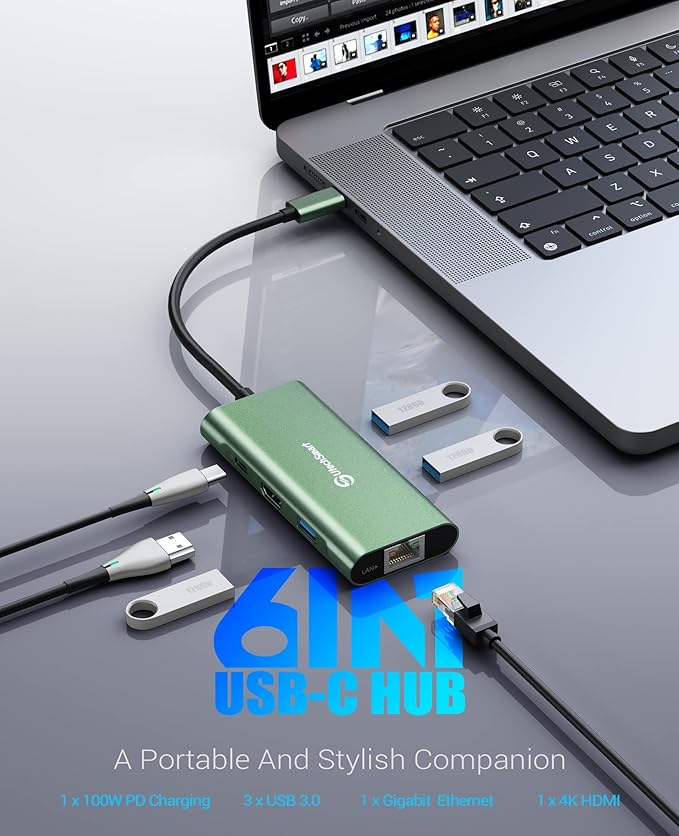 UtechSmart USB C Hub Ethernet Multiport Adapter 6 in 1 USB C to HDMI Dock Compatible for MacBook Pro/Air Chromebook Dell XPS HP and Type C Devices (Gigabit Ethernet 100W PD 4K HDMI USB 3.0) Green