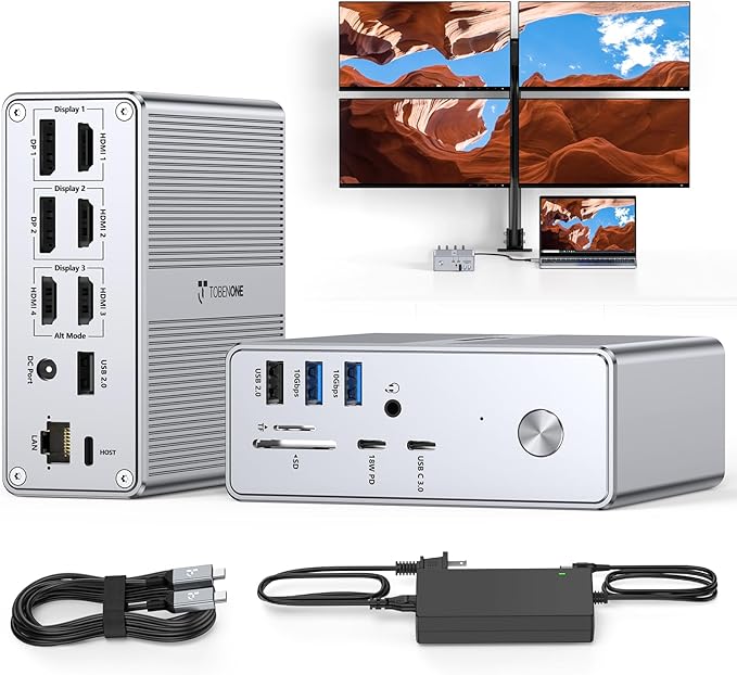 TobenONE Quad Monitor Docking Station with 4 HDMI 18-in-1 DisplayLink Docking Station with 120W Charger Dock for Thunderbolt 4/3 Laptops USB-C Windows MacBook(4 USB 2 USB-C EthernetSD/TFAudio)