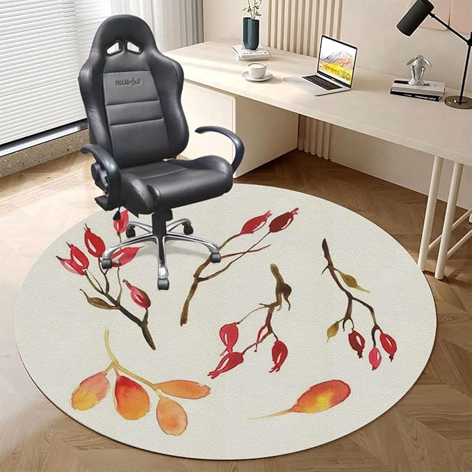 Purplegrey Red PU Leather Round Desk Chair Mat Floral Autumn Flowers Colors Leaf Anti Slip Floor Protector for Home Office Modern Art Diameter 39.4 in