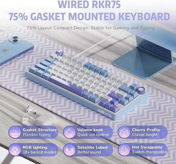 RK ROYAL KLUDGE R75 Mechanical Keyboard Wired with Volume Knob 75% Custom Gaming Keyboard Gasket Mount RGB Backlit with Software Cherry Profile Hot Swappable Silver Switch PBT Keycaps