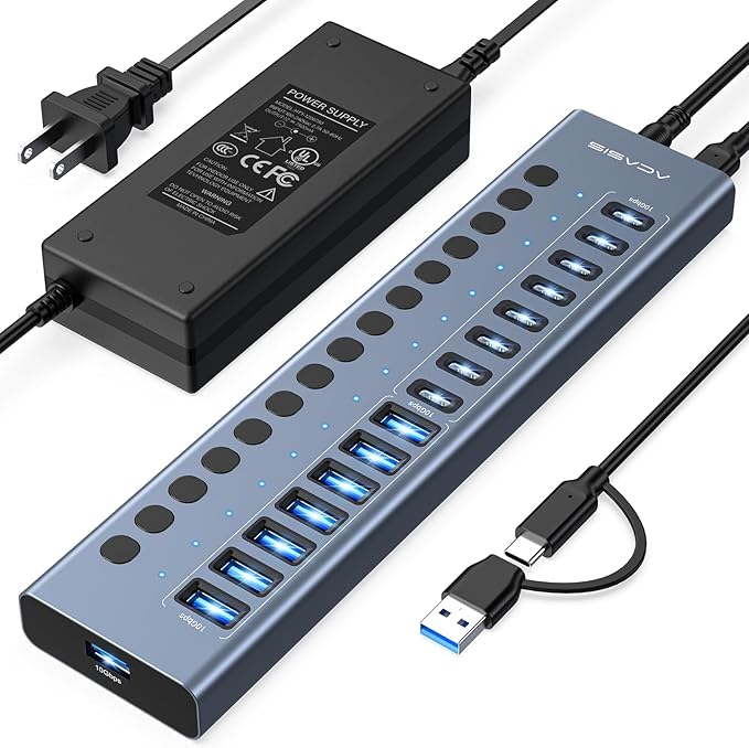 Powered USB 3.2 Hub ACASIS 16 Ports USB 3.2 Hub(8 USB-A 3.2 Ports+8 USB-C 3.2 Ports) Aluminum USB Hub Powered with 96W Power Adapter USB Hub for PC/Laptop Computer Flash Drive Printer Camera