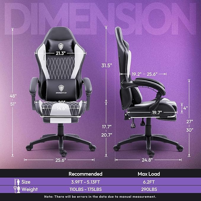 Dowinx Gaming Chair with Massage Lumbar Support and Footrest Video Game Chair for Adults Adjustable Ergonomic Gamer Chairs High Back with Pocket Spring Cushion Swivel Recliner with Headrest White