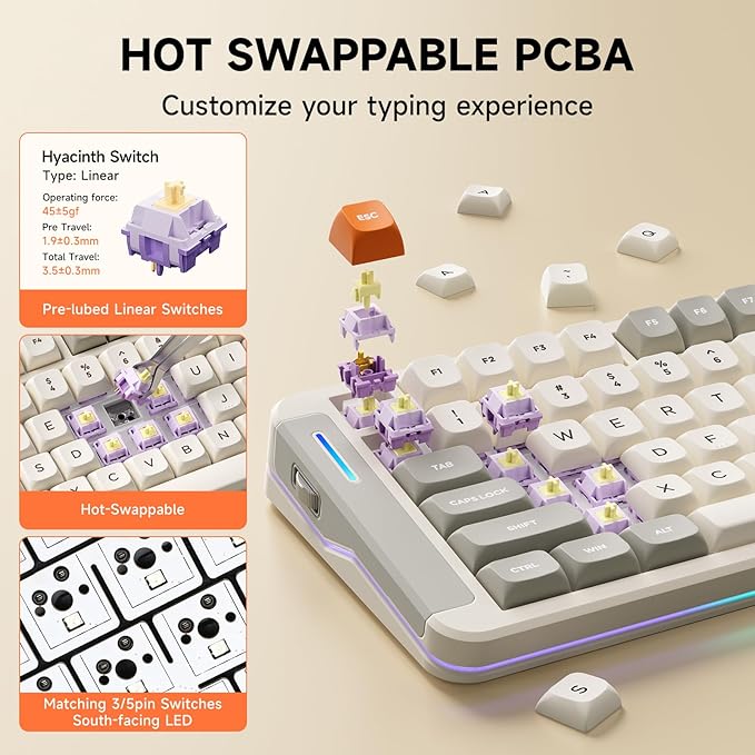 MCHOSE X75 V2 Wireless Mechanical Keyboard Volume Knob Tri-mode BT5.0/2.4GHz/USB-C Hot Swappable Custom Keyboards Linear Switch Creamy keyboardsRGB Gaming Keyboard for PC/Tablet/PS/XboxRetro White