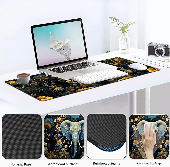 JVGFYNKL Large Gaming Mouse Pad Set Ergonomic Memory Foam Keyboard Wrist Rest Support + Mouse Wrist Rest + Extended Desk Mat with Non-Slip Rubber Base The Golden Elephant Pattern Desk Pad