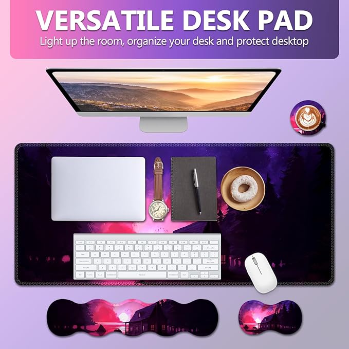 AIMSA Large Mouse Pad and Keyboard Wrist Rest Set Ergonomic Wrist pad for Keyboard and Mouse Mat 4 in 1 Mousepad with Wrist Support Computer Mat Village Evening Glow