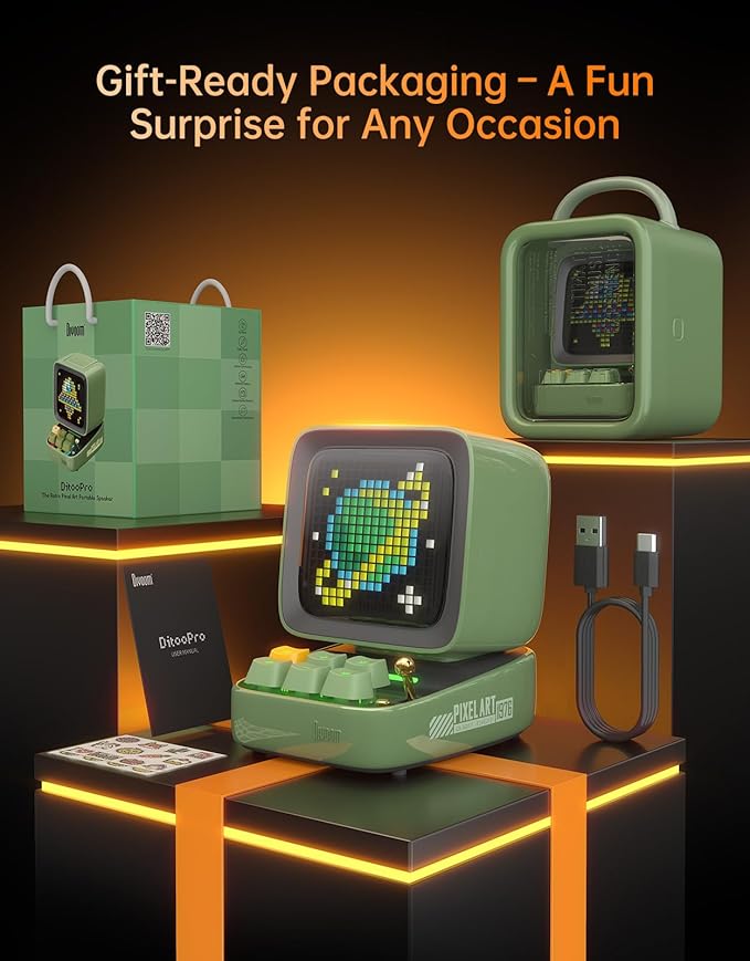 Divoom Ditoo Pro Retro Pixel Art Game Bluetooth Speaker with 16X16 LED App Controlled Front Screen (Green)