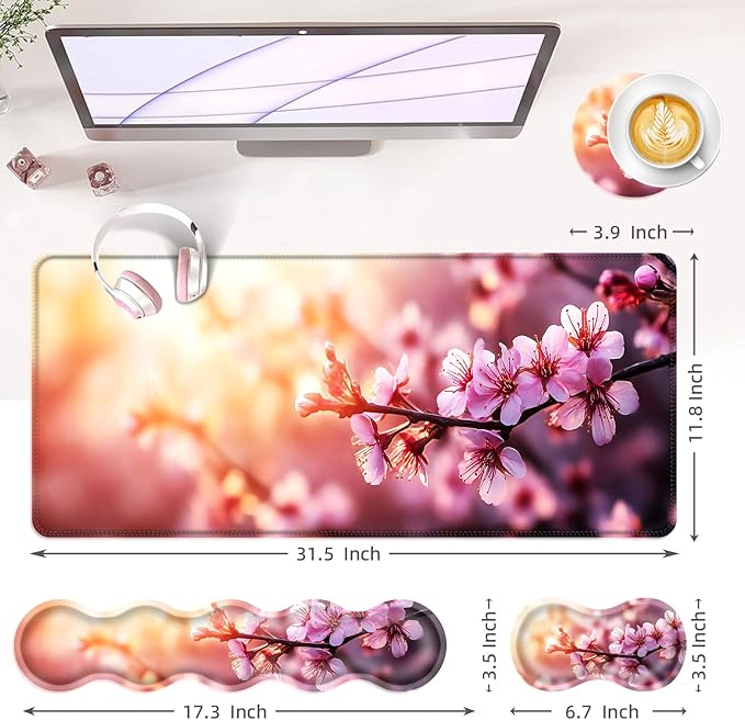 Large Keyboard Mouse Pad Set Extended Mouse Pad+Keyboard Wrist Rest Support Memory Foam Ergonomic Easy Typing 4Pcs (31.5×11.8 in) Desk Pad Set for Office HomeCherry Blossom Floral