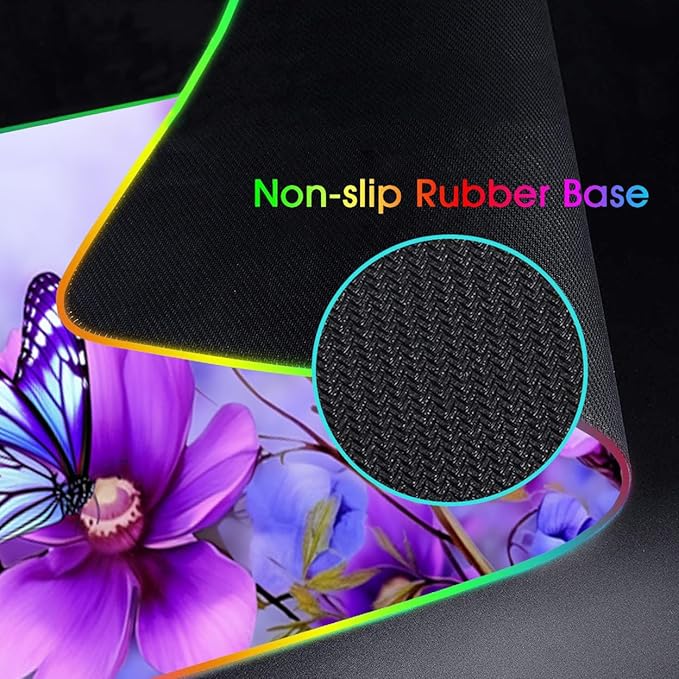 RGB Gaming Mouse Pad and Coffee Coaster XXL Large Glowing LED Mousepad Anti-Slip Rubber Base Computer Keyboard Desk Mouse Mat 31.5 X 11.8 Inch - Purple Flowers and Butterfly