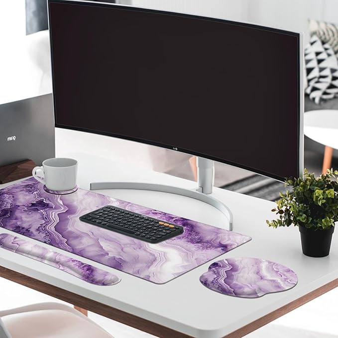 Britimes Purple Pink Marble Gold Keyboard Mouse Pad Set 4in1 Large Mousepad+Keyboard Wrist Rest+Mouse Wrist Rest+Coaster Ergonomic Design for Home Office Computer 35.4x15.7 inches
