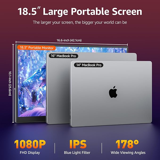 VisionOwl Portable Monitor for Laptop IPS USB-C HDMI Travel Second Monitor for MacBook Pro Air PC PS5 Xbox Portable Second Screen Built-in Kickstand Speakers VESA Mountable 18.5 Inch