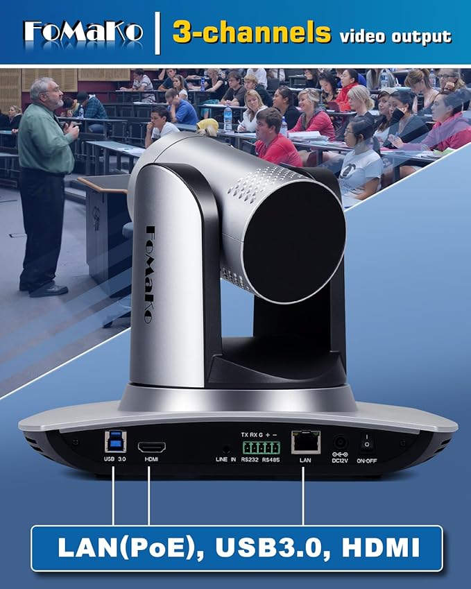 FoMaKo HDMI PTZ Camera AI Auto-Tracking Gen 3 20x Optical Zoom IP USB3.0 HDMI Camera for Church Services Worship EducationNDI UpgradeableFMK12UH Pro(20x) Silvery