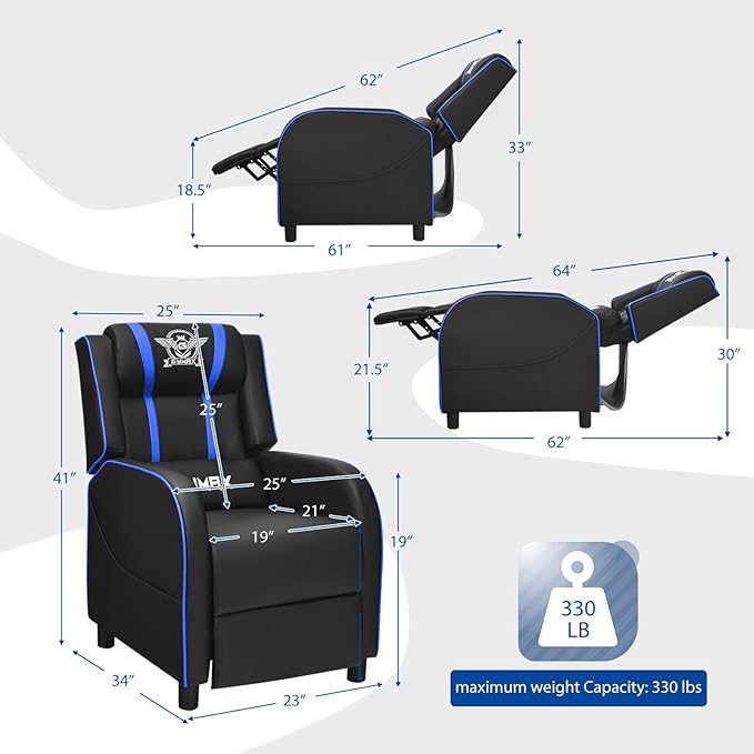 POWERSTONE Gaming Recliner Chair Reclining Gaming Chairs for Adults Ergonomic Leather Sofa with Footrest Lumbar Support Headrest and Side Pouch for Living Room Home Theater Blue