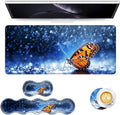 Keyboard Mouse Pad Set Extended Gaming Mouse Pad+Ergonomics Keyboard Wrist Rest Support Memory Foam Easy Typing Pain Relief 4Pcs XL Ultra Thick Desk MatButterfly in Rain