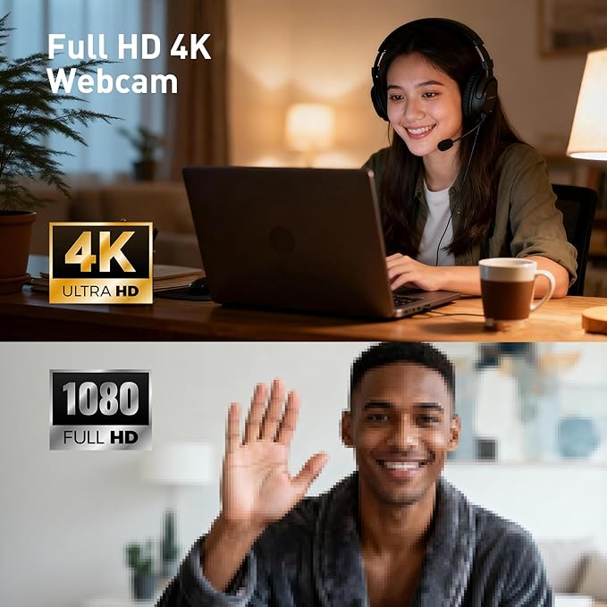 4K Center Screen Webcam with Microphone AutoFocus 4K Middle Screen Webcam USB Type-C/A Adapter Eye Level Camera Plug&ampPlay (Clamp)