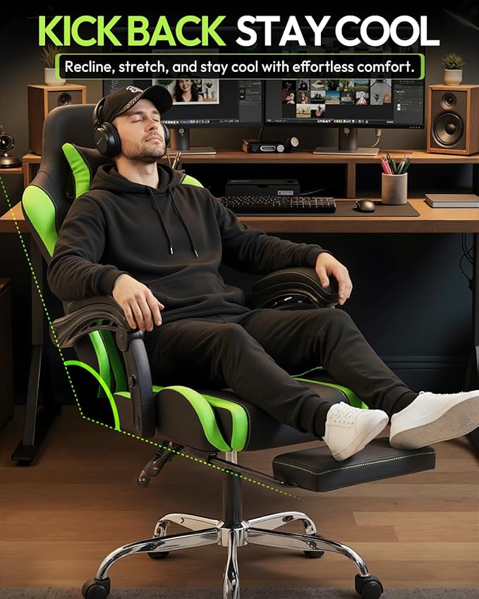Dowinx Ergonomic Gaming Chair with Footrest &amp Massage Lumbar 2D-Linkage Armrests for Computer Chair 330lbs with Headrest Pillow for Office Home Streaming and Long Gaming Sessions Green