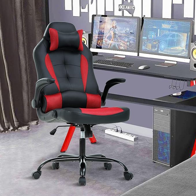 PC Gaming Chair Ergonomic Computer Chair High Back Office Chair with Lumbar Support&amp Headrest Adjustable Task Rolling Swivel Executive Desk Chair Racing Style Leather Gaming ChairRed