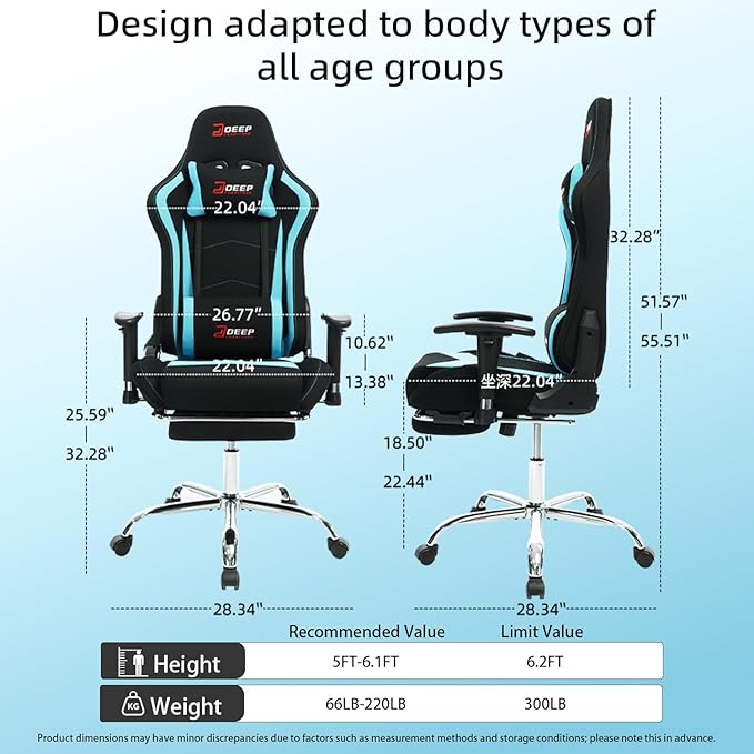 Fabric Gaming Chair Skin-Friendly and Breathable Manufactured by A Reputable Manufacturer Safe and Stable Specially Designed for Gaming.with Footrest Mg(1005-LightBlue)