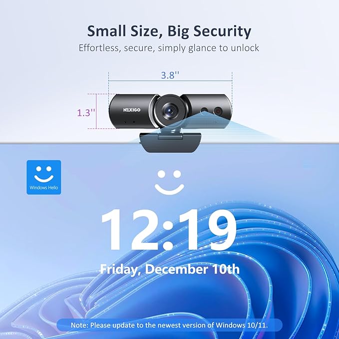 NexiGo HelloCam Pro Webcam with Windows Hello 1080P 60FPS Autofocus True Privacy Automatic Electronic Shutter Computer Camera Microphone Facial Enhancement HD USB Web Cam
