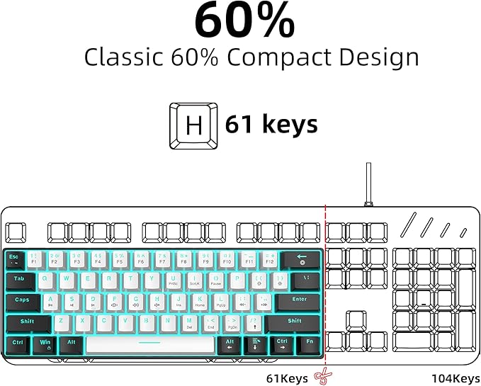 Snpurdiri 60% Wired Mechanical Gaming Keyboard Ice Blue LED Backlit 61 Keys Mini Wired Office Keyboard for Windows Laptop PC Mac (Black-White Brown Switches)