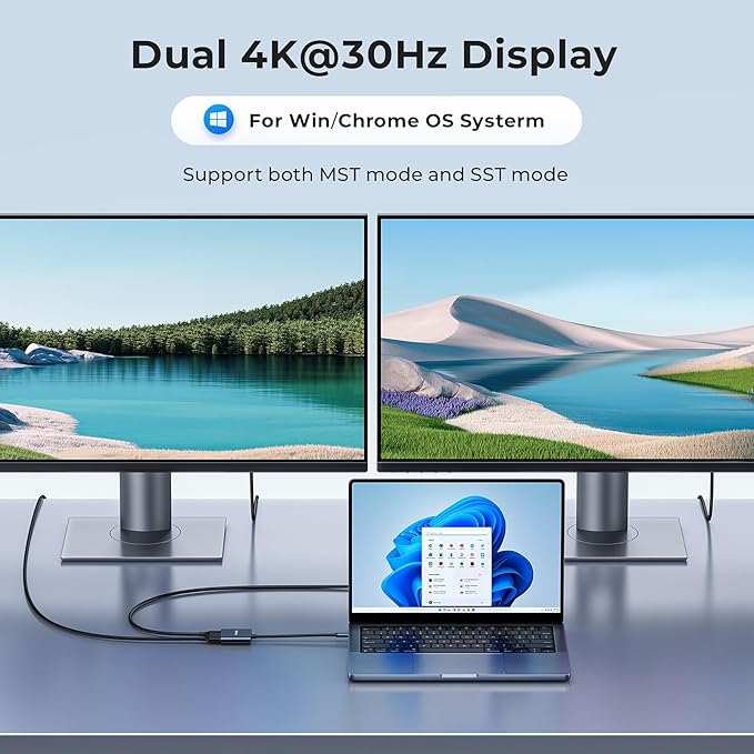 RayCue USB-C to Dual HDMI Adapter 4K@60Hz Type-C to HDMI Converter for Dual Monitors USB-C Hub for MacBook/Laptop/HP/Dell/Surface/Lenovo/Thinkpad/Chromebook