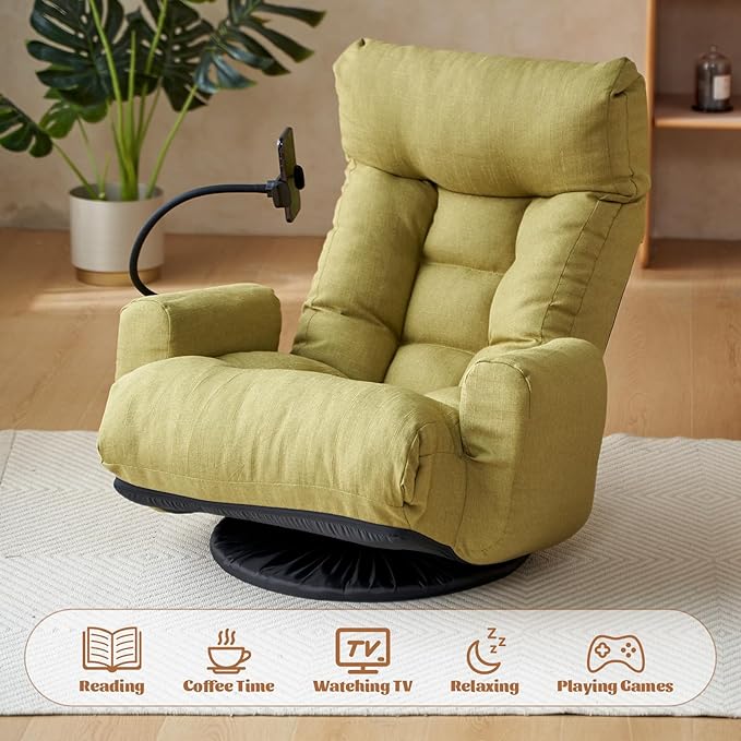 360° Swivel Floor Green Gaming Chair Linen Folding Lounge Sofa Chair with Adjustable Head and Waist Armrests &amp Phone Holder Padded Cushion Leisure Chairs for Living Room Bedroom