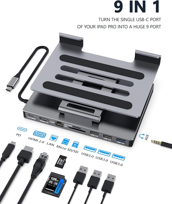 iPad USB C Hub Stand 9-in-1 Multiport Adapter for iPad Pro M4 M3 M2 13 12.9 11 Inch Docking Station Foldable with 4K60Hz HDMI RJ45 Gigabit Ethernet SD/TF Card Reader USB 3.0 3.5 mm Audio