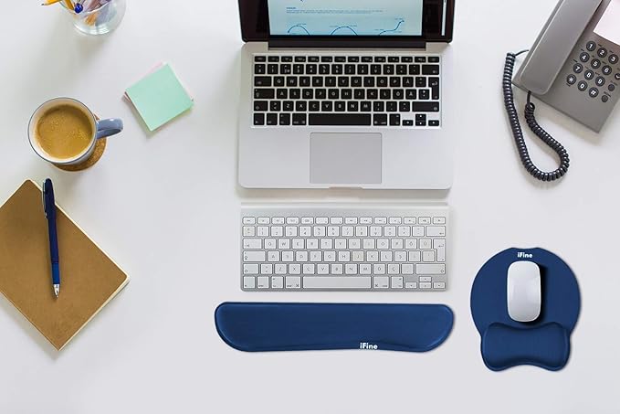 iFine Upgrade Enlarged Superfine Fibre Soft Smooth Memory Foam Ergonomic Mouse Pad &amp Keyboard Wrist Rest for Desktop Laptop Mac Gaming Office School or Home for Stress Free Typing (Blue Two Sets)
