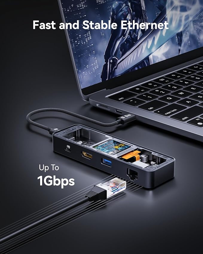 DOCKCASE Explorer Edition Visual Smart USB C Hub (6-in-1) with HDMI Port 4K@60HzGigabit EthernetUSB-C and 2 USB-A 5Gbps Data Ports 100w PD Power Delivery for MacBook Air/Pro XPS and More